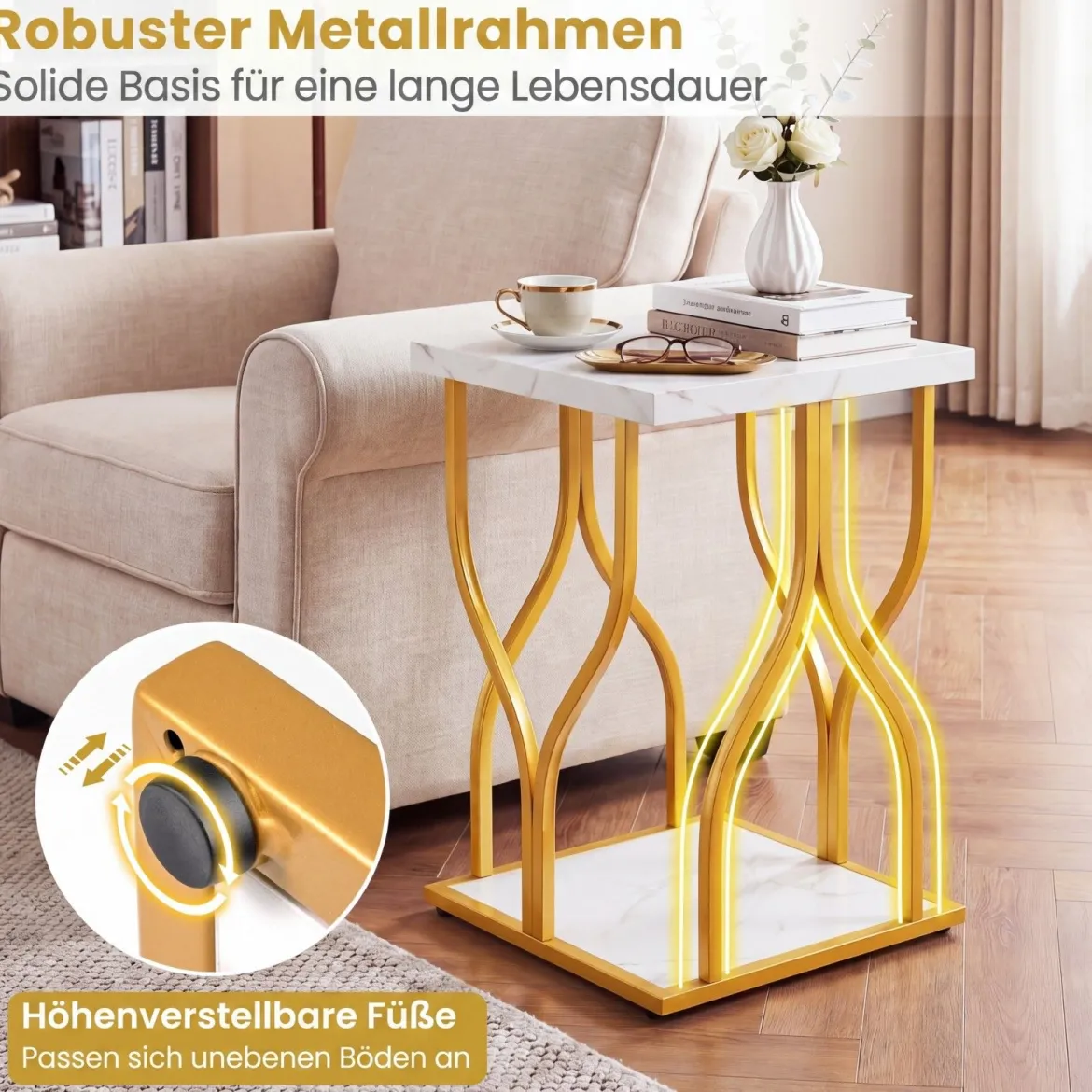 Quadratischer Beistelltisch Couchtisch mit 2 Ebenen & Marmor-Optik Tischplatte 39,5 x 39,5 x 59,5 cm