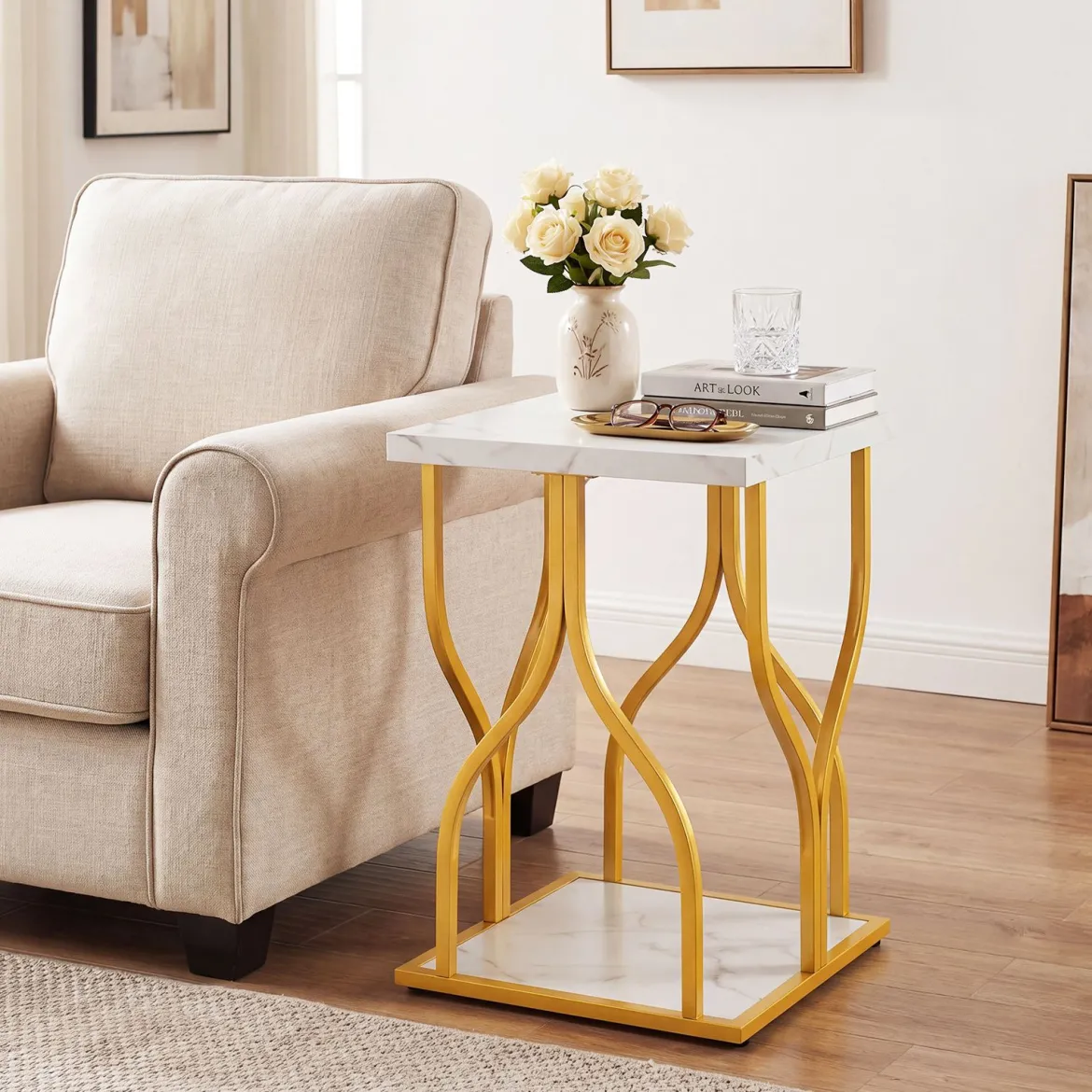 Quadratischer Beistelltisch Couchtisch mit 2 Ebenen & Marmor-Optik Tischplatte 39,5 x 39,5 x 59,5 cm