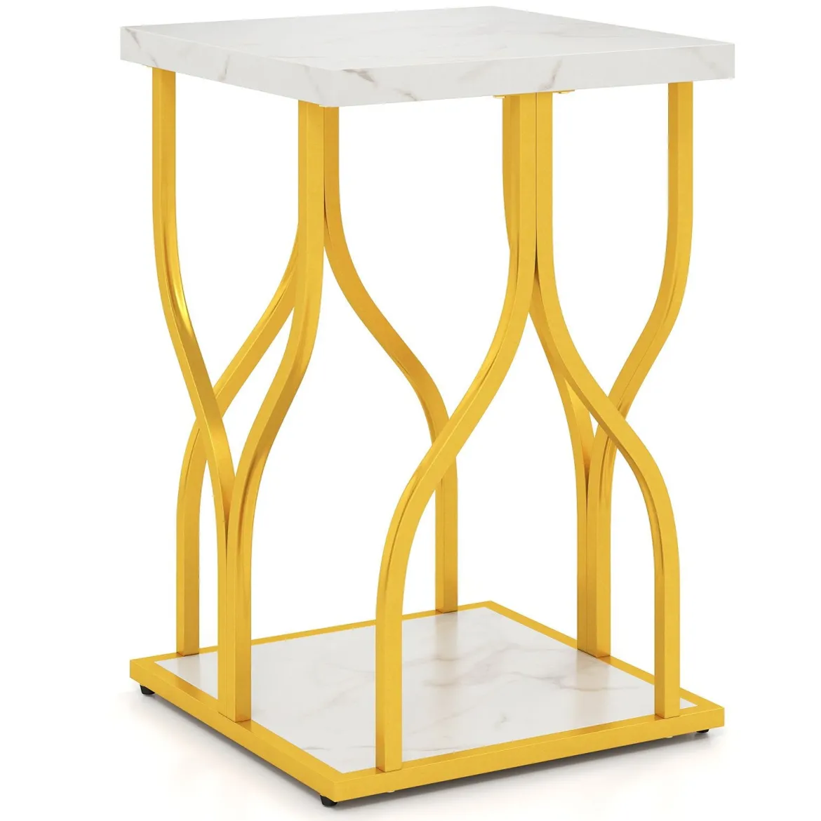 Quadratischer Beistelltisch Couchtisch mit 2 Ebenen & Marmor-Optik Tischplatte 39,5 x 39,5 x 59,5 cm