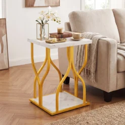 Quadratischer Beistelltisch Couchtisch mit 2 Ebenen & Marmor-Optik Tischplatte 39,5 x 39,5 x 59,5 cm