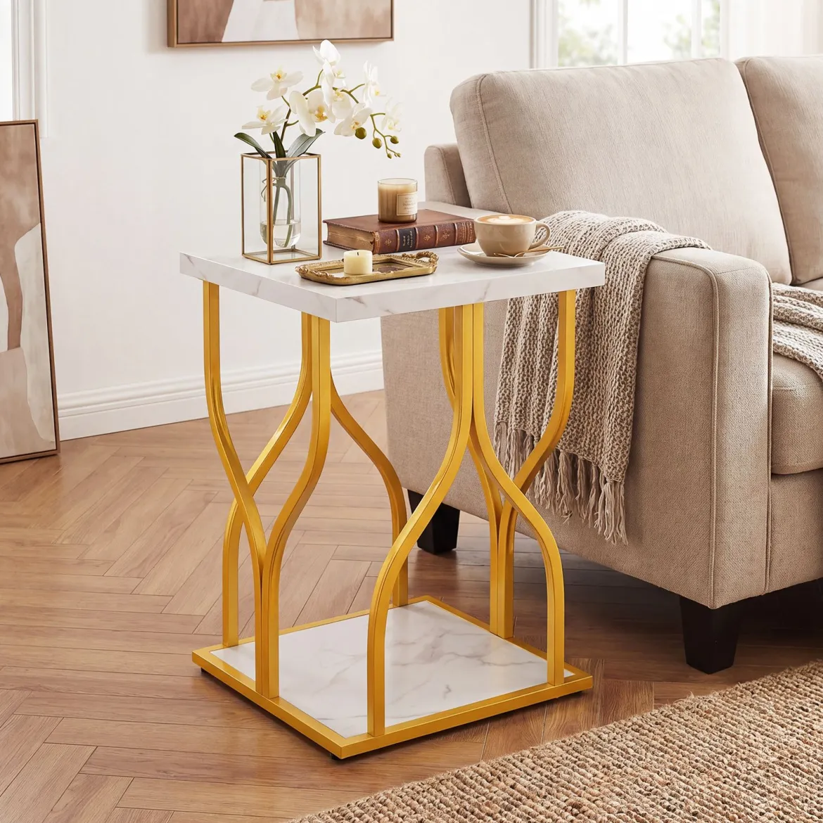 Quadratischer Beistelltisch Couchtisch mit 2 Ebenen & Marmor-Optik Tischplatte 39,5 x 39,5 x 59,5 cm