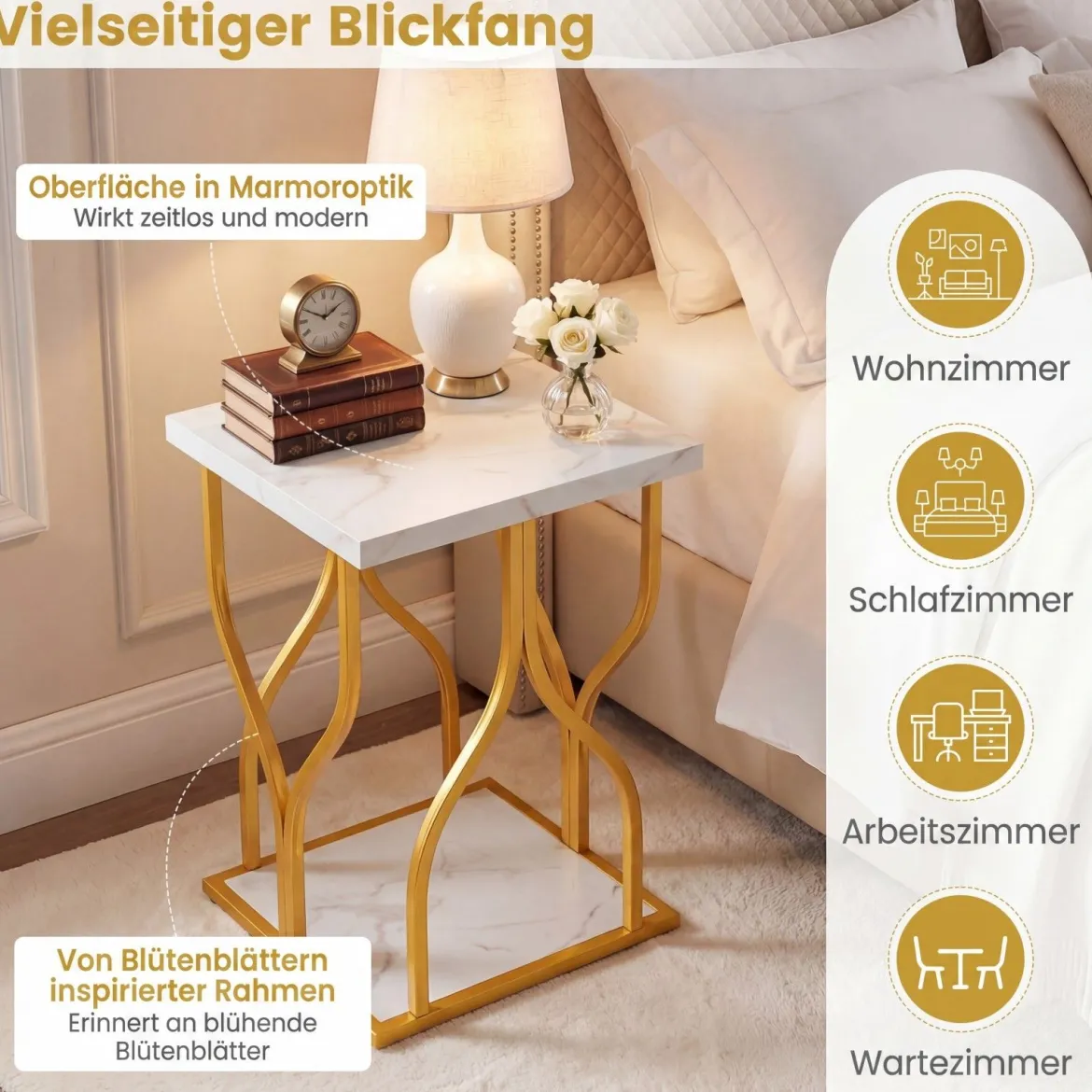 Quadratischer Beistelltisch Couchtisch mit 2 Ebenen & Marmor-Optik Tischplatte 39,5 x 39,5 x 59,5 cm