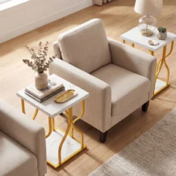 Quadratischer Beistelltisch Couchtisch mit 2 Ebenen & Marmor-Optik Tischplatte 39,5 x 39,5 x 59,5 cm