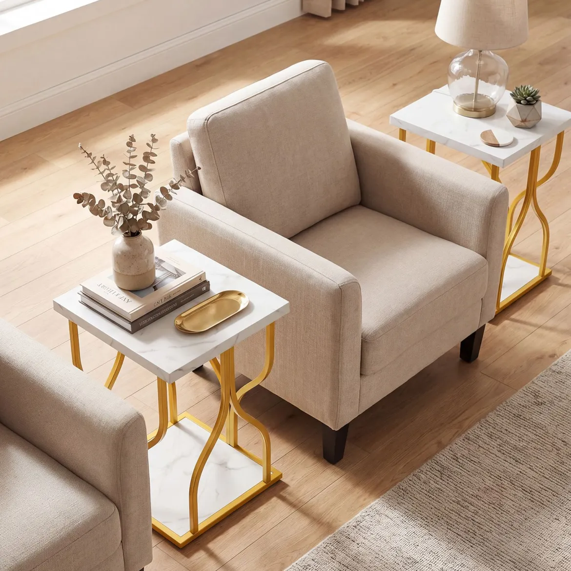Quadratischer Beistelltisch Couchtisch mit 2 Ebenen & Marmor-Optik Tischplatte 39,5 x 39,5 x 59,5 cm