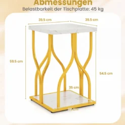 Quadratischer Beistelltisch Couchtisch mit 2 Ebenen & Marmor-Optik Tischplatte 39,5 x 39,5 x 59,5 cm