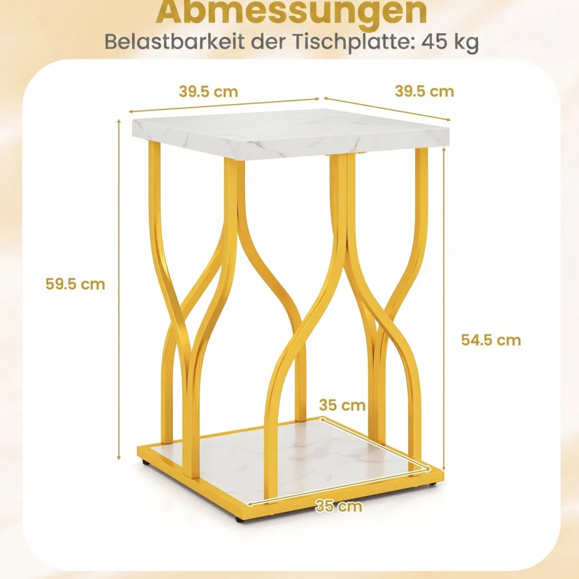 Quadratischer Beistelltisch Couchtisch mit 2 Ebenen & Marmor-Optik Tischplatte 39,5 x 39,5 x 59,5 cm