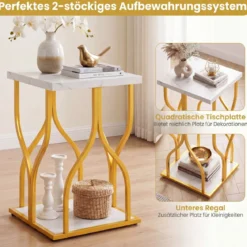 Quadratischer Beistelltisch Couchtisch mit 2 Ebenen & Marmor-Optik Tischplatte 39,5 x 39,5 x 59,5 cm