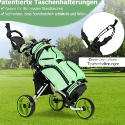3 Rad Golf Trolley aus Aluminum mit Schirmhalter & Sitz Klappbare Golfwagen Golfcaddy Grün