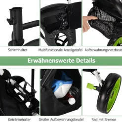 3 Rad Golf Trolley aus Aluminum mit Schirmhalter & Sitz Klappbare Golfwagen Golfcaddy Grün