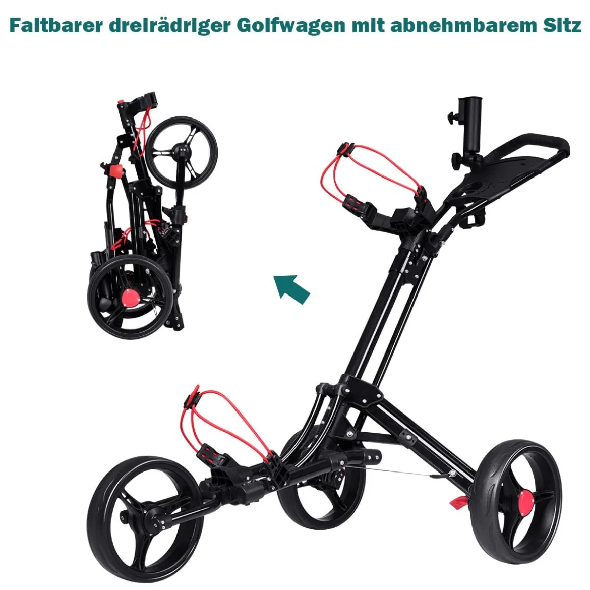 3-Rad Golftrolley Golfwagen Golf klappbar Einfacher Schiebe- und Zugwagen Schwarz