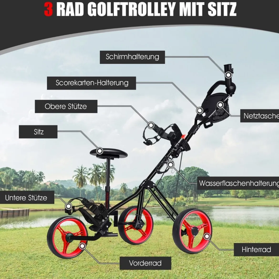 3-Rad Golftrolley klappbar mit verstellbarem Sitz und Griff Schiebewagen Golfcaddy Rot