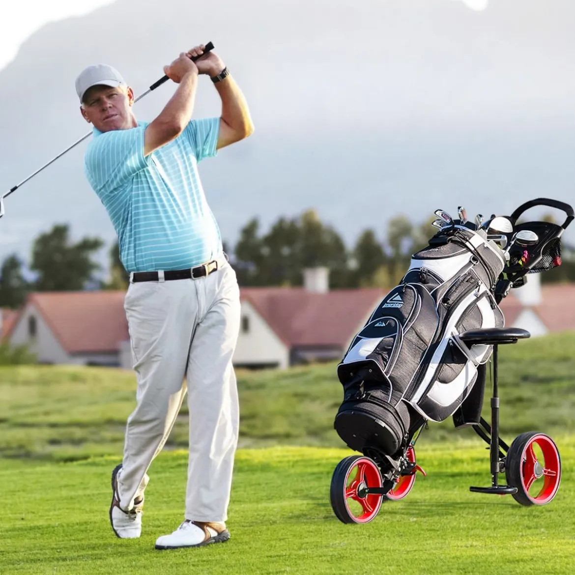 3-Rad Golftrolley klappbar mit verstellbarem Sitz und Griff Schiebewagen Golfcaddy Rot