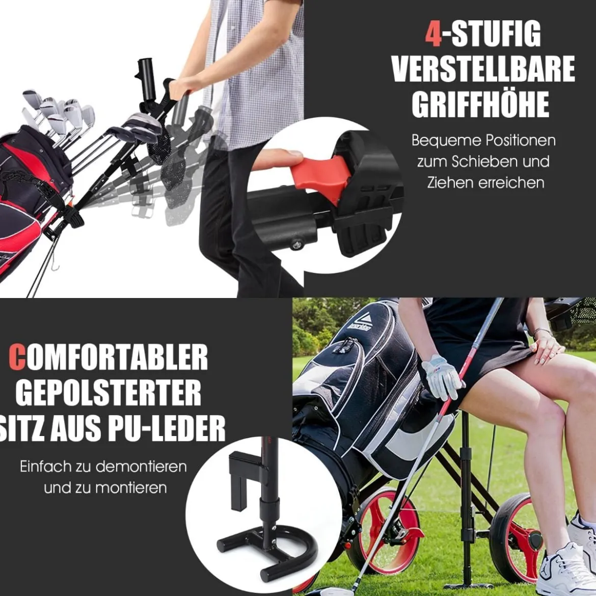 3-Rad Golftrolley klappbar mit verstellbarem Sitz und Griff Schiebewagen Golfcaddy Rot