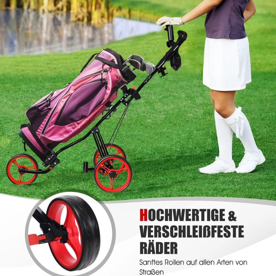 3-Rad Golftrolley klappbar mit verstellbarem Sitz und Griff Schiebewagen Golfcaddy Rot