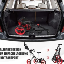 3-Rad Golftrolley klappbar mit verstellbarem Sitz und Griff Schiebewagen Golfcaddy Rot