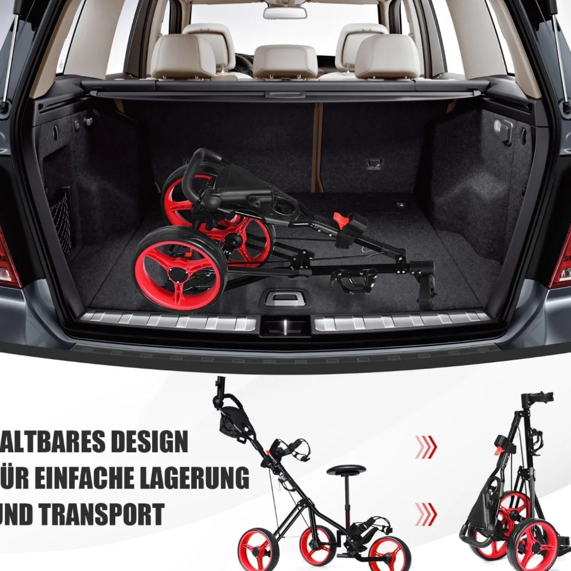 3-Rad Golftrolley klappbar mit verstellbarem Sitz und Griff Schiebewagen Golfcaddy Rot