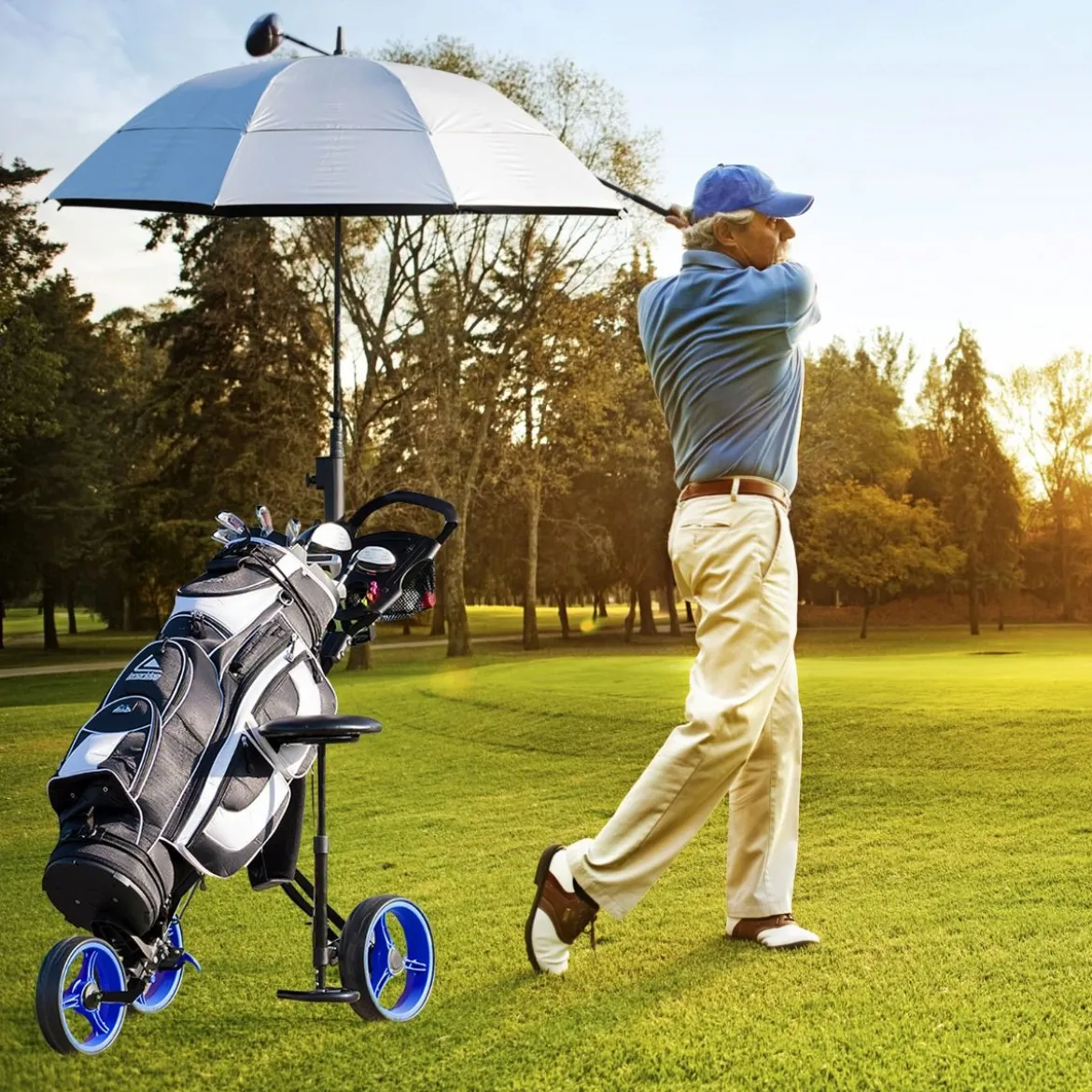 3-Rad Golftrolley klappbar mit verstellbarem Sitz und Griff Schiebewagen Golfcaddy Blau