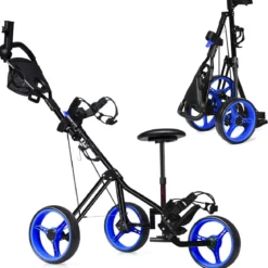 3-Rad Golftrolley klappbar mit verstellbarem Sitz und Griff Schiebewagen Golfcaddy Blau
