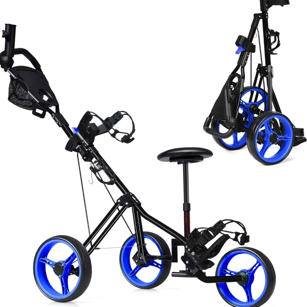 3-Rad Golftrolley klappbar mit verstellbarem Sitz und Griff Schiebewagen Golfcaddy Blau