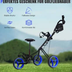 3-Rad Golftrolley klappbar mit verstellbarem Sitz und Griff Schiebewagen Golfcaddy Blau