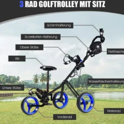 3-Rad Golftrolley klappbar mit verstellbarem Sitz und Griff Schiebewagen Golfcaddy Blau