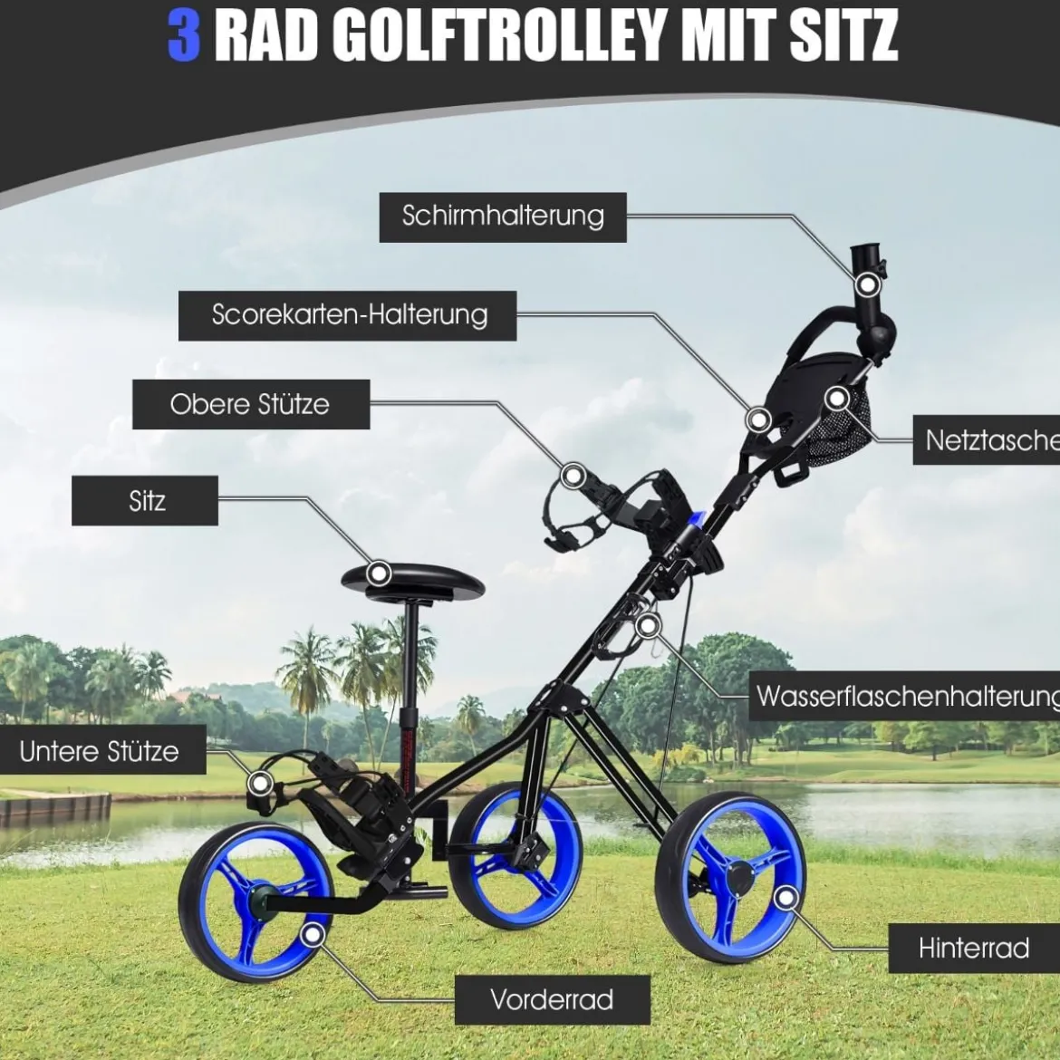 3-Rad Golftrolley klappbar mit verstellbarem Sitz und Griff Schiebewagen Golfcaddy Blau