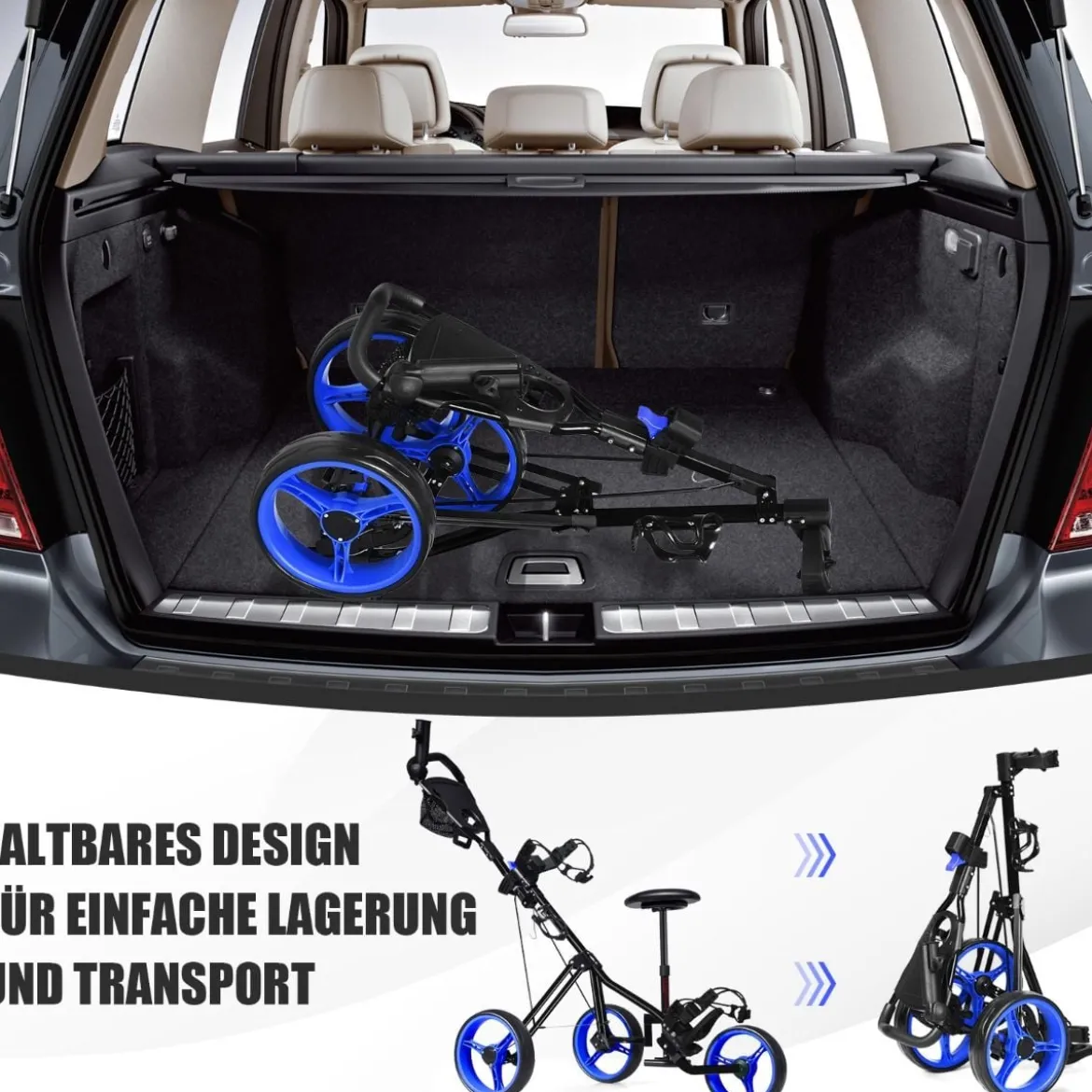 3-Rad Golftrolley klappbar mit verstellbarem Sitz und Griff Schiebewagen Golfcaddy Blau