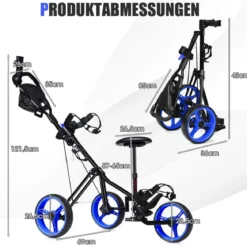 3-Rad Golftrolley klappbar mit verstellbarem Sitz und Griff Schiebewagen Golfcaddy Blau