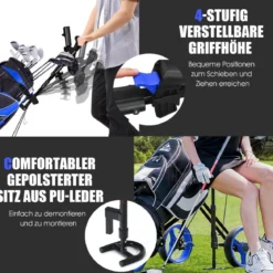 3-Rad Golftrolley klappbar mit verstellbarem Sitz und Griff Schiebewagen Golfcaddy Blau