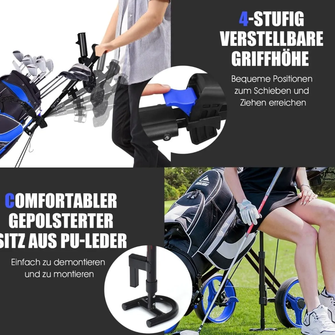 3-Rad Golftrolley klappbar mit verstellbarem Sitz und Griff Schiebewagen Golfcaddy Blau