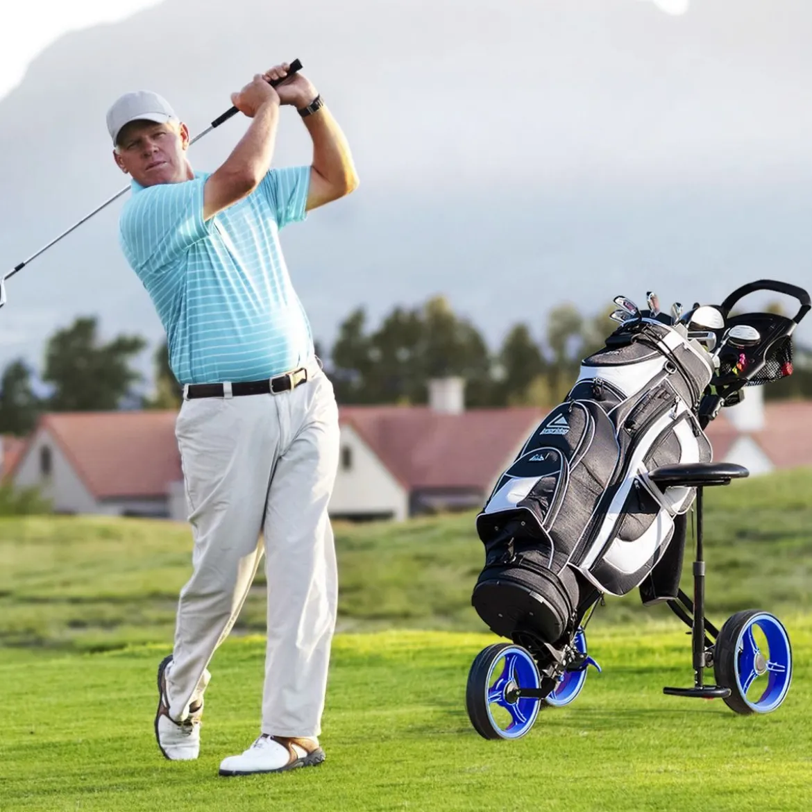 3-Rad Golftrolley klappbar mit verstellbarem Sitz und Griff Schiebewagen Golfcaddy Blau