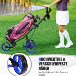 3-Rad Golftrolley klappbar mit verstellbarem Sitz und Griff Schiebewagen Golfcaddy Blau