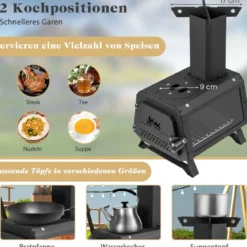Raketenofen Outdoor 2 Kochflächen mit Sichtscheibe und Aschepfanne 28,5 x 20 x 37 cm Schwarz