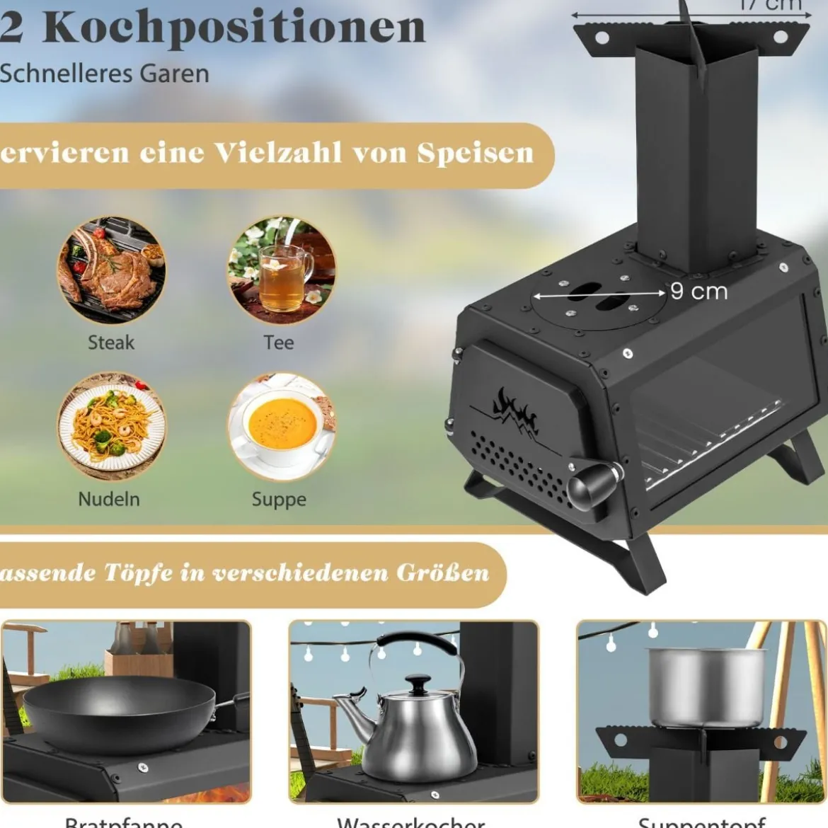Raketenofen Outdoor 2 Kochflächen mit Sichtscheibe und Aschepfanne 28,5 x 20 x 37 cm Schwarz