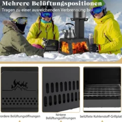 Raketenofen Outdoor 2 Kochflächen mit Sichtscheibe und Aschepfanne 28,5 x 20 x 37 cm Schwarz