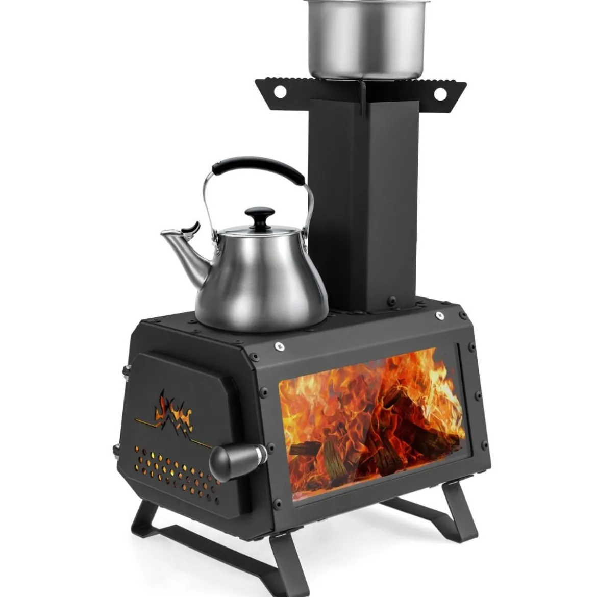 Raketenofen Outdoor 2 Kochflächen mit Sichtscheibe und Aschepfanne 28,5 x 20 x 37 cm Schwarz