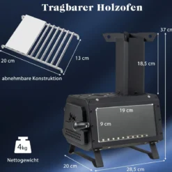 Raketenofen Outdoor 2 Kochflächen mit Sichtscheibe und Aschepfanne 28,5 x 20 x 37 cm Schwarz