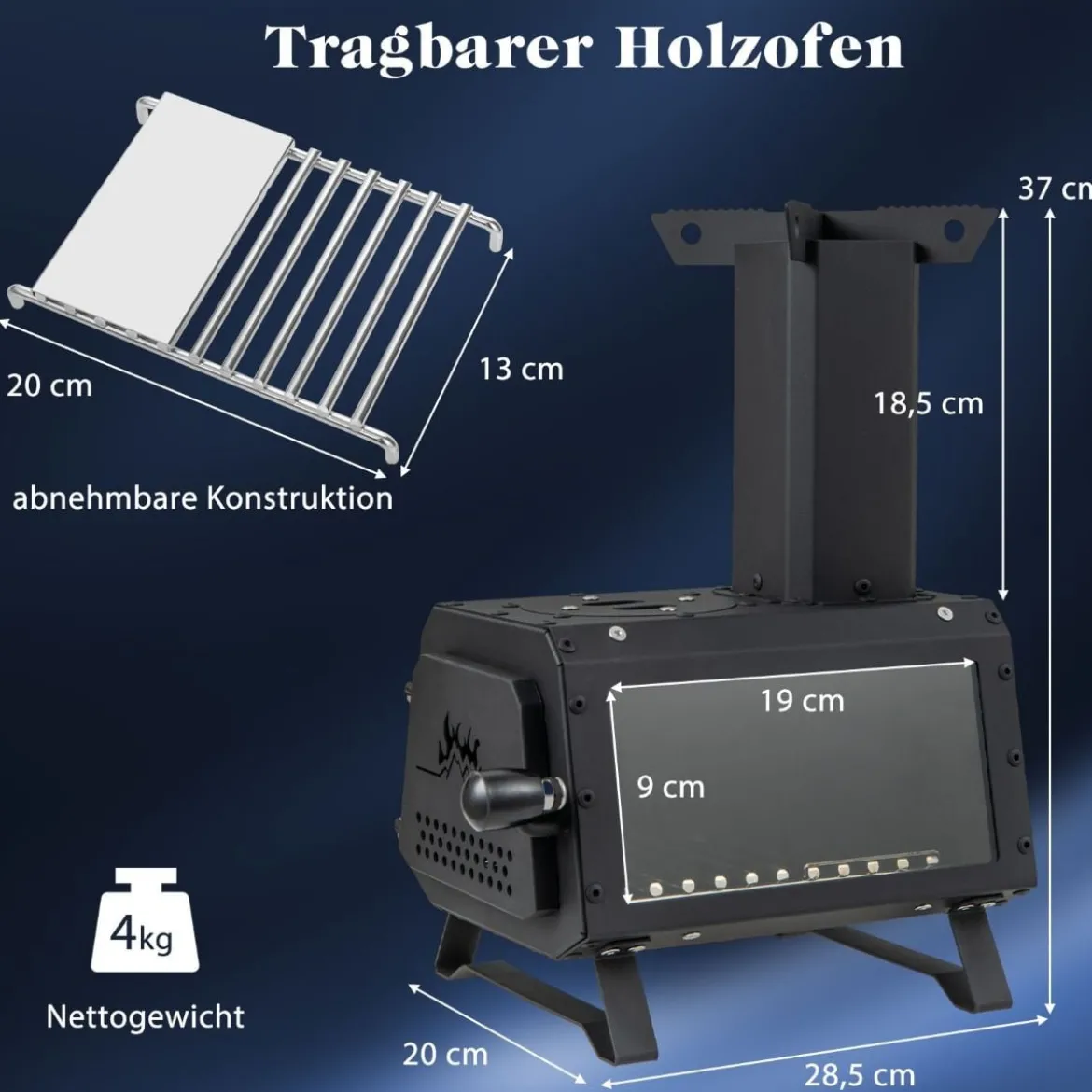 Raketenofen Outdoor 2 Kochflächen mit Sichtscheibe und Aschepfanne 28,5 x 20 x 37 cm Schwarz