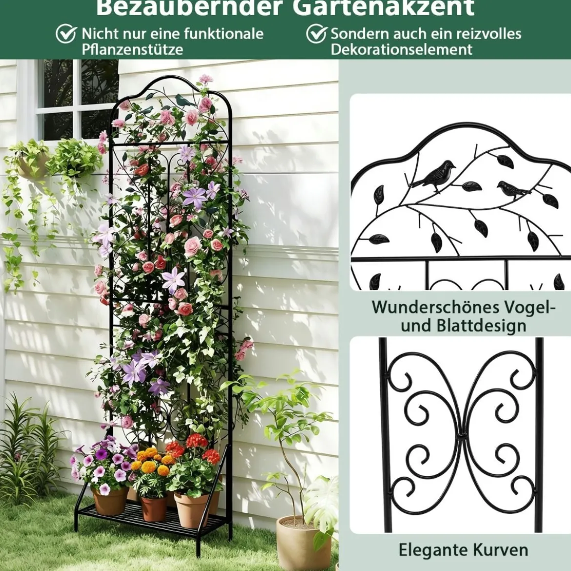 Rankgitter für Kletterpflanzen freistehendes Kletterblumenständer aus Metall mit klappbarem Regal Schwarz