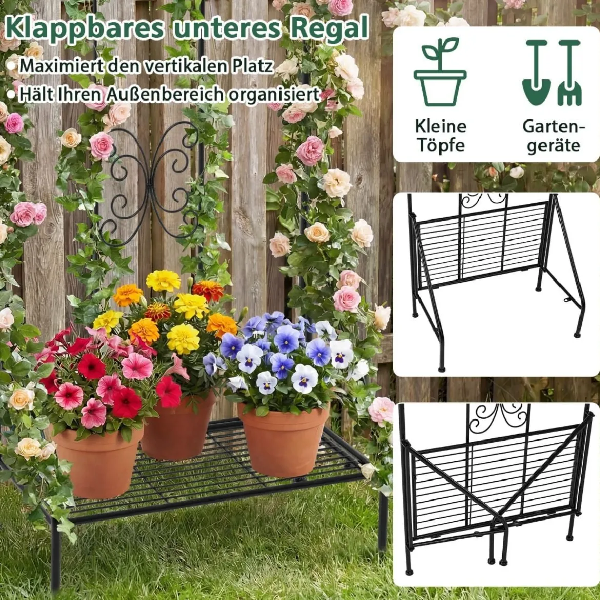 Rankgitter für Kletterpflanzen freistehendes Kletterblumenständer aus Metall mit klappbarem Regal Schwarz