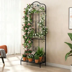 Rankgitter für Kletterpflanzen freistehendes Kletterblumenständer aus Metall mit klappbarem Regal Schwarz