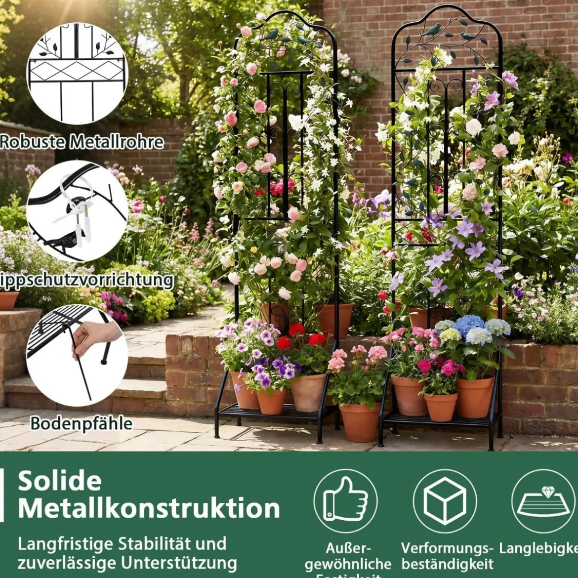 Rankgitter für Kletterpflanzen freistehendes Kletterblumenständer aus Metall mit klappbarem Regal Schwarz
