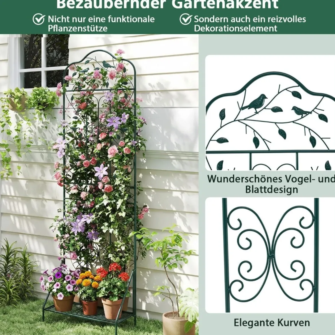 Rankgitter für Kletterpflanzen freistehendes Kletterblumenständer aus Metall mit klappbarem Regal Dunkelgrün