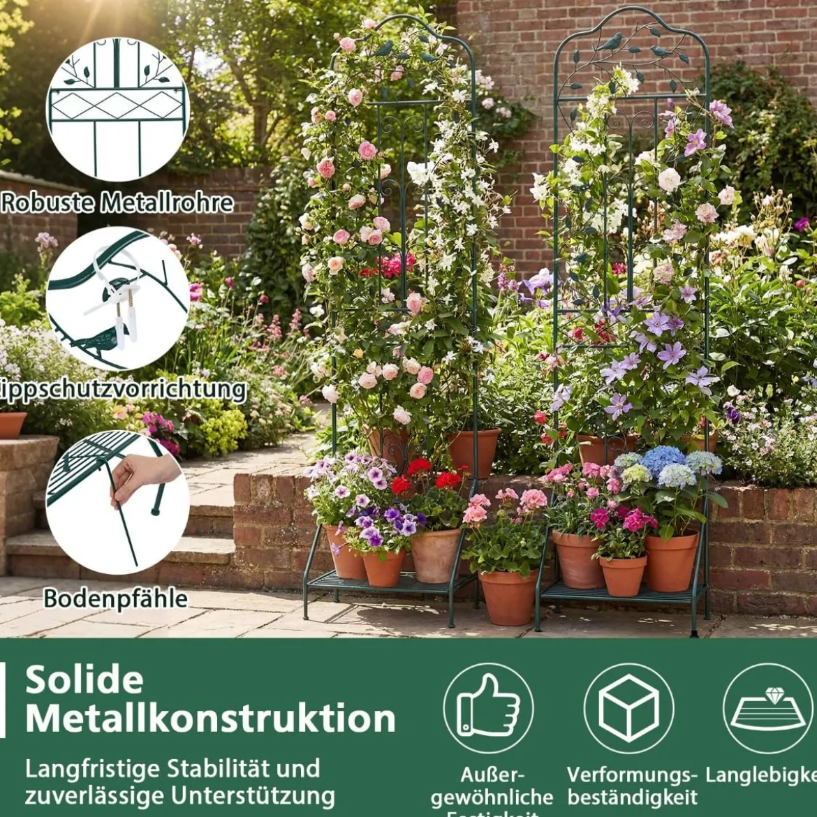 Rankgitter für Kletterpflanzen freistehendes Kletterblumenständer aus Metall mit klappbarem Regal Dunkelgrün
