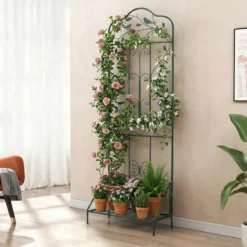 Rankgitter für Kletterpflanzen freistehendes Kletterblumenständer aus Metall mit klappbarem Regal Dunkelgrün