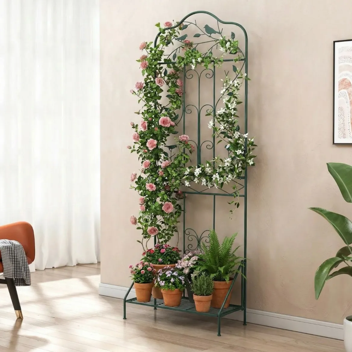 Rankgitter für Kletterpflanzen freistehendes Kletterblumenständer aus Metall mit klappbarem Regal Dunkelgrün