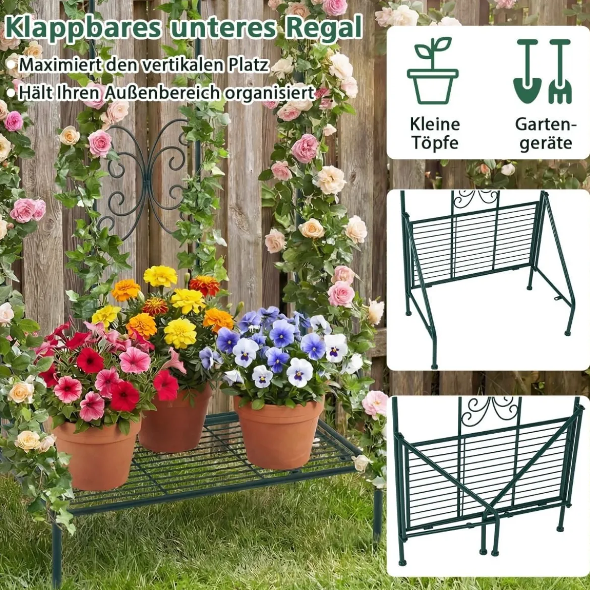 Rankgitter für Kletterpflanzen freistehendes Kletterblumenständer aus Metall mit klappbarem Regal Dunkelgrün
