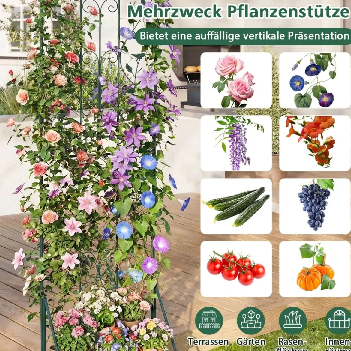 Rankgitter für Kletterpflanzen freistehendes Kletterblumenständer aus Metall mit klappbarem Regal Dunkelgrün