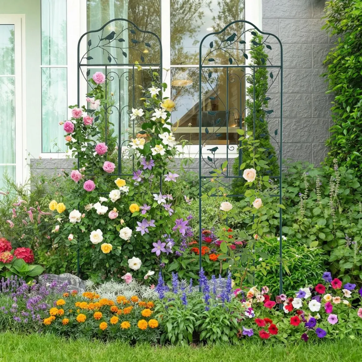 Rankgitter für Kletterpflanzen freistehendes Kletterblumenständer aus Metall mit klappbarem Regal Dunkelgrün