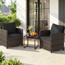 Rattan Balkonset inkl. 2 Stühle mit Kissen & Tisch aus Glas Outdoor Sitzgruppe Balkonmöbel Braun-Schwarz